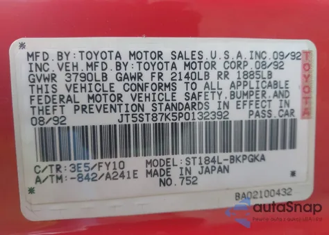 1993 Toyota Celica Gt z USA, uszkodzony, nr VIN JT5ST87K5P0132392